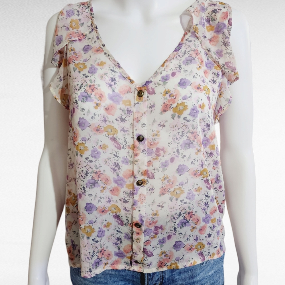 Soprano Ivory Floral Sleeveless Ruffled Sheer Blouse Size Medium